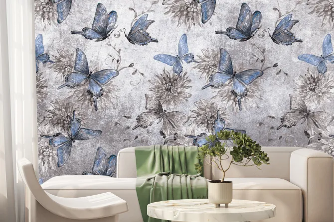 Fototapeta: Botaniczny wzór motyli i kwiatów na betonowym tle z efektem tekstury