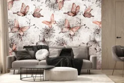 Fototapeta: Botaniczny wzór motyli i kwiatów na betonowym tle z efektem tekstury