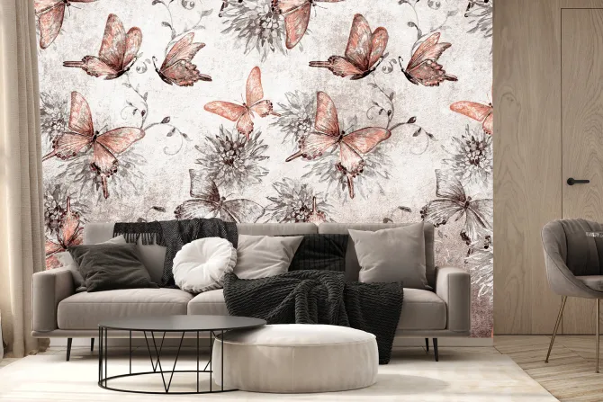 Fototapeta: Botaniczny wzór motyli i kwiatów na betonowym tle z efektem tekstury