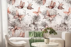 Fototapeta: Botaniczny wzór motyli i kwiatów na betonowym tle z efektem tekstury