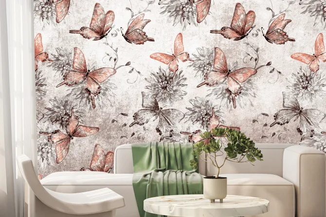 Fototapeta: Botaniczny wzór motyli i kwiatów na betonowym tle z efektem tekstury