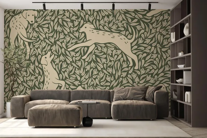 Fototapeta: Botaniczny wzór z psami z zielenią