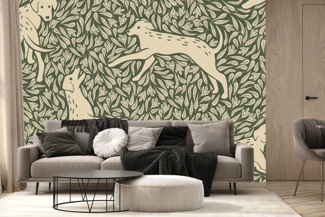 Fototapeta: Botaniczny wzór z psami z zielenią