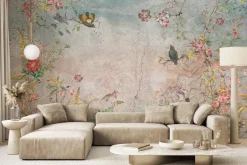 Fototapeta: Botaniczny wzór z kwiatami i ptakami