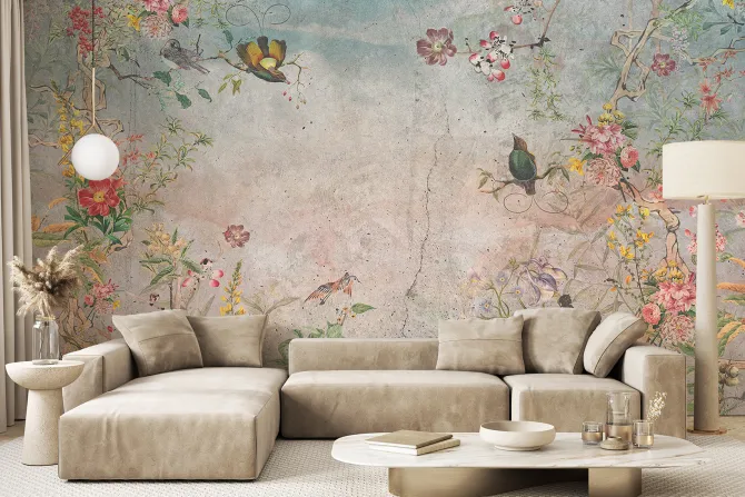 Fototapeta: Botaniczny wzór z kwiatami i ptakami