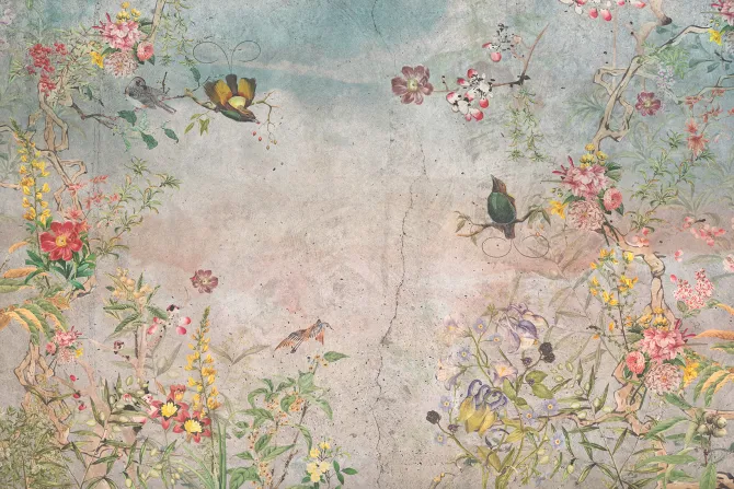 Fototapeta: Botaniczny wzór z kwiatami i ptakami