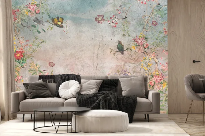 Fototapeta: Botaniczny wzór z kwiatami i ptakami