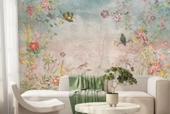 Fototapeta: Botaniczny wzór z kwiatami i ptakami