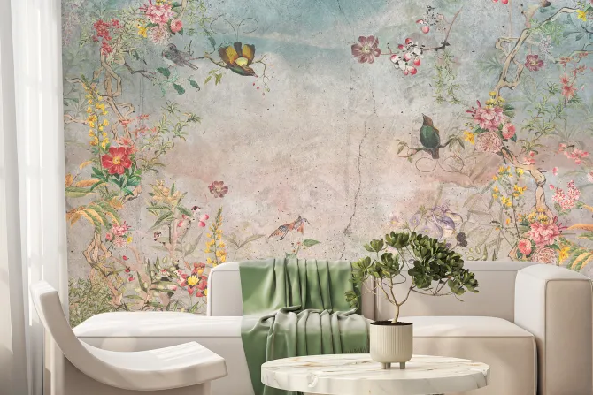 Fototapeta: Botaniczny wzór z kwiatami i ptakami