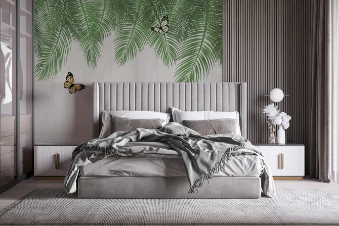 Fototapeta: Botaniczny wzór zielone liście palmowe z motylami na tle z teksturą