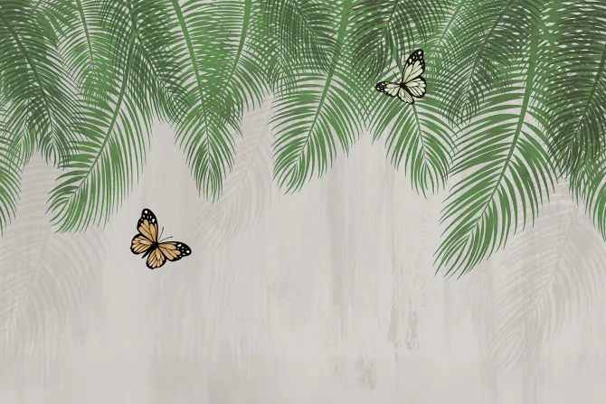 Fototapeta: Botaniczny wzór zielone liście palmowe z motylami na tle z teksturą