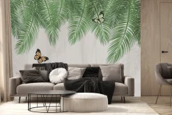 Fototapeta: Botaniczny wzór zielone liście palmowe z motylami na tle z teksturą