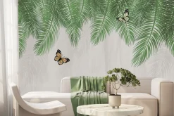 Fototapeta: Botaniczny wzór zielone liście palmowe z motylami na tle z teksturą