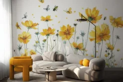 Fototapeta: Botaniczny wzór z żółtymi kwiatami polnymi motylami i owadami