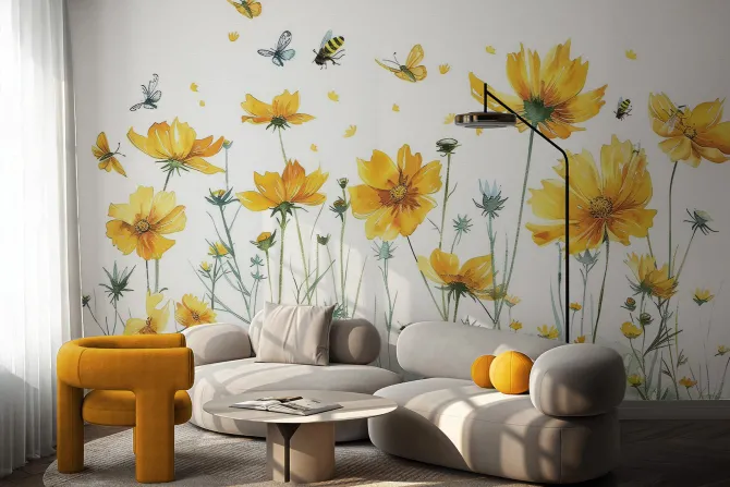 Fototapeta: Botaniczny wzór z żółtymi kwiatami polnymi motylami i owadami