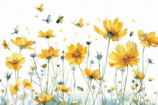 Fototapeta: Botaniczny wzór z żółtymi kwiatami polnymi motylami i owadami