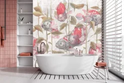 Fototapeta: Botaniczny wzór z rybami i zielenią na betonowym tle z efektem