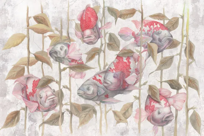 Fototapeta: Botaniczny wzór z rybami i zielenią na betonowym tle z efektem