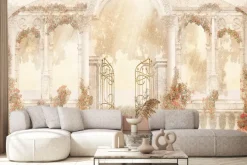 Fototapeta: Brama i kolumny architektura czerwone kwiaty teksturowe tło