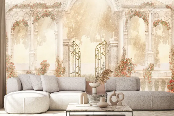 Fototapeta: Brama i kolumny architektura czerwone kwiaty teksturowe tło