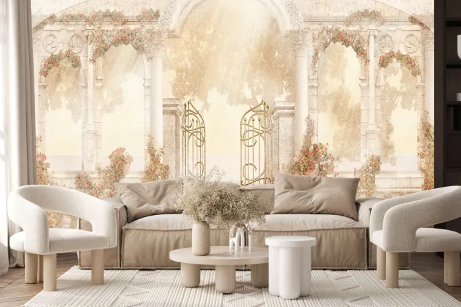 Fototapeta: Brama i kolumny architektura czerwone kwiaty teksturowe tło