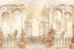 Fototapeta: Brama i kolumny architektura czerwone kwiaty teksturowe tło