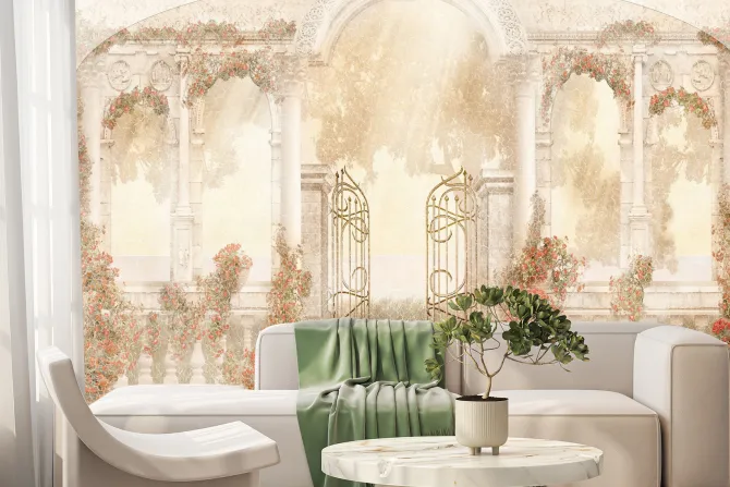 Fototapeta: Brama i kolumny architektura czerwone kwiaty teksturowe tło