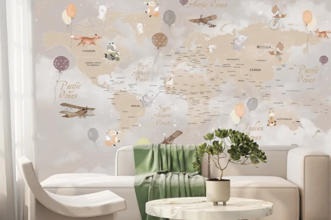 Fototapeta: Brązowa mapa świata ze zwierzętami