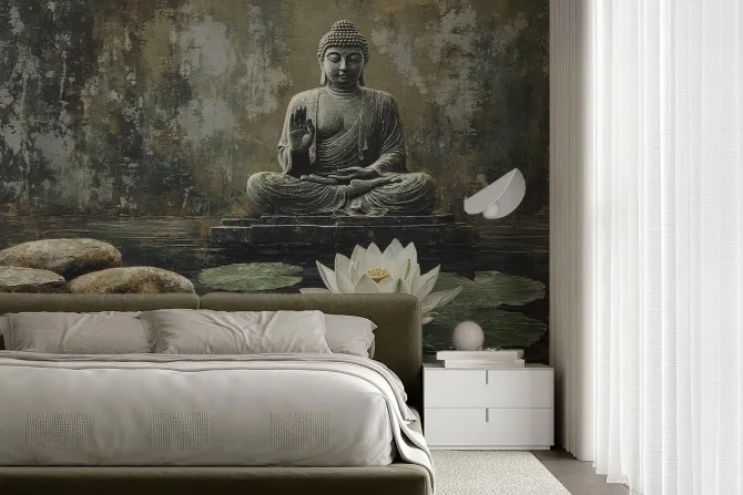 Fototapeta: Budda i biały lotos na tle betonu z teksturą