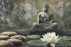 Fototapeta: Budda i biały lotos na tle betonu z teksturą