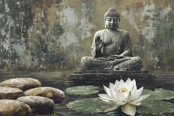 Fototapeta: Budda i biały lotos na tle betonu z teksturą