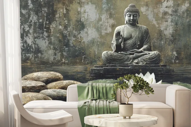 Fototapeta: Budda i biały lotos na tle betonu z teksturą