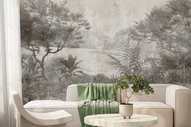 Fototapeta: Bujna leśna roślinność w szarości