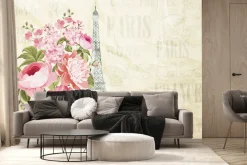 Fototapeta: Bukiet kwiatów na tle wieży eiffla i napisów