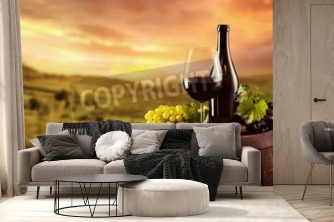 Fototapeta: Butelkę czerwonego wina i szkła na drewnianej beczce. winnica