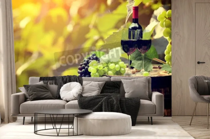 Fototapeta: Butelkę czerwonego wina i kieliszek do wina na wodden beczki.