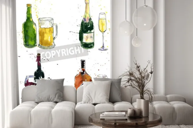 Fototapeta: Butelka koniaku i kubek, butelka wina i szkło, butelkę szampana