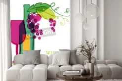 Fototapeta: Butelka wina, szkło, różowy winogron winorośli, akwarele ilustracji.