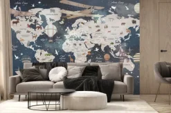 Fototapeta: Ciemna mapa świata ze zwierzątkami