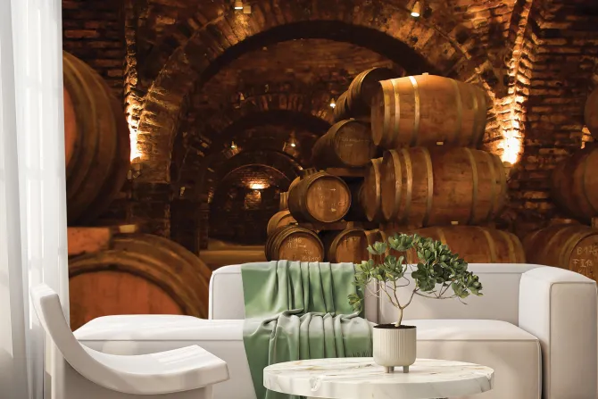 Fototapeta: Ciemna piwnica z beczkami