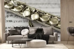 Fototapeta: Close up flute on flute sheet music background