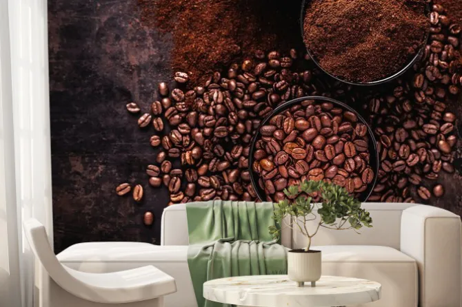 Fototapeta: Coffee beans, ground coffee and instant coffee on a dark background