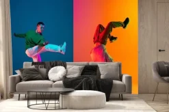 Fototapeta: Collage with young emotive men and girls, break dance, hip hop