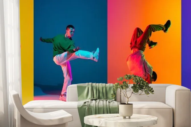 Fototapeta: Collage with young emotive men and girls, break dance, hip hop