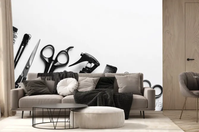 Fototapeta: Composition with scissors and other hairdressers accessories