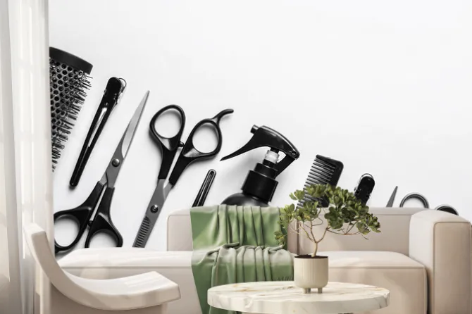 Fototapeta: Composition with scissors and other hairdressers accessories