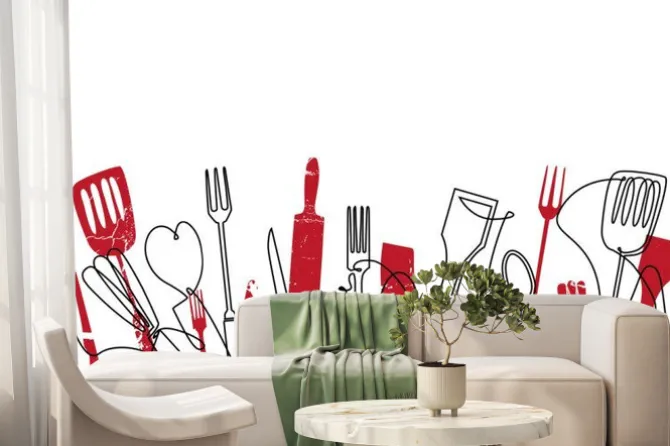 Fototapeta: Cooking seamless pattern. outline cutlery background. trendy