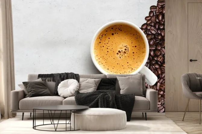 Fototapeta: Cup of coffee and bean on cement table background