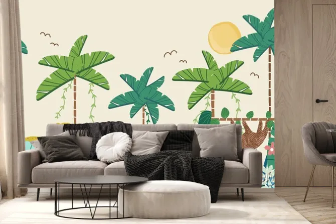 Fototapeta: Cute jungle wallpaper for kids. tropical seamless pattern. vector