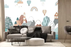 Fototapeta: Cute seamless landscape pattern with sea waves, mountains, lighthouse,